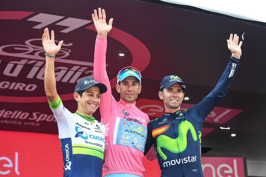 Da sinistra: Esteban Chaves, Vincenzo Nibali e Alejandro Valverde. Ansa